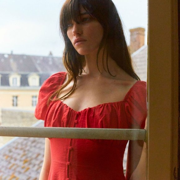 ZARA RED MIDI DRESS with BUTTONS SHORT PUFF SLEEVE - Picture 10 of 12